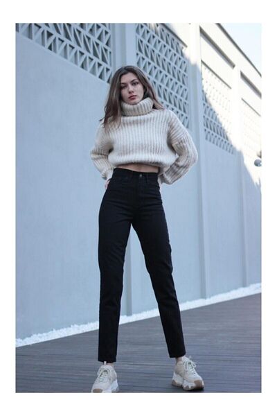 JAXEN NS-60392 Pantaloni de damă talie înaltă Black Mom Jeans Power material ...