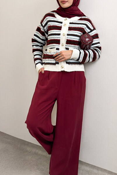 Salih Çelebi Striped Buttoned Knitwear Cardigan 07417 - Bordo