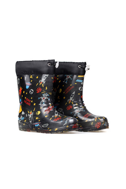 KAJILA Siyah Uzay Desenli Çocuk Yağmur Çizmesi, Su Geçirmez, Kaymaz Tabanlı, ...