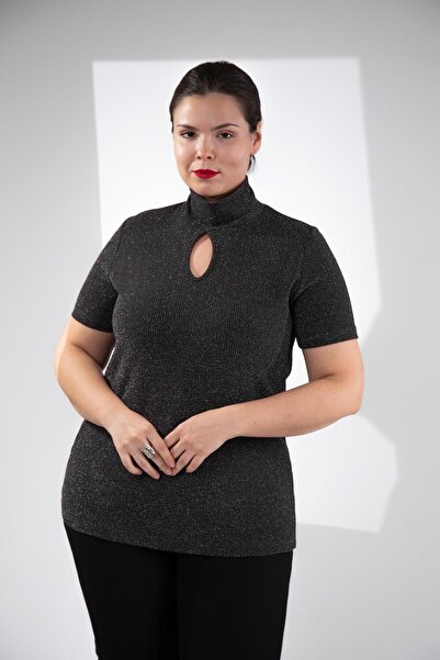 Roxxlen Pulover cu jumătate de mânecă cu sclipici de mărime mare