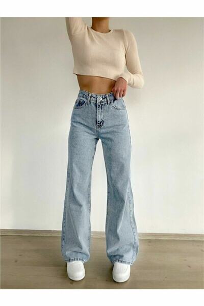 JAXEN NS-35686 Ciqulata 90's Snow Wash Blue material elastic Super talie înaltă Blugi casual pantaloni palazzo