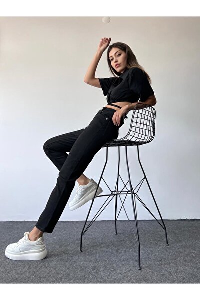 JAXEN NS-11168 Pantaloni negri Mom Boyfriend talie înaltă din denim pentru femei