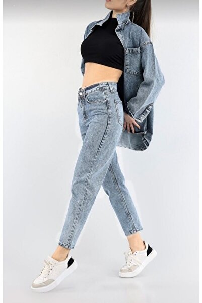 JAXEN Ns-38077 Blue Snow Wash Mom Boyfriend Jean Women's Power Lycra