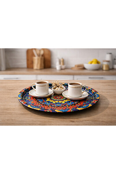 ATAGİFT HEDİYELİK Renkli Mandala Desen Yuvarlak Metal Tepsi | Kahve & Sunum T...