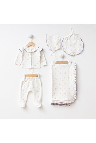 Eda Baby Zarif Çiçek Desenli Fırfırlı %100 Pamuk Yenidoğan 5'li Takım