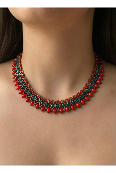 lumosart El İşçiliği Kırmızı & Yeşil Cam Taşlı, Metal Detaylı, Etnik ve Bohem...