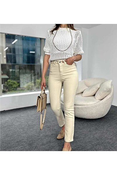 JAXEN NS-49542 Blugi decupati pentru femei, talie înaltă piese, bej