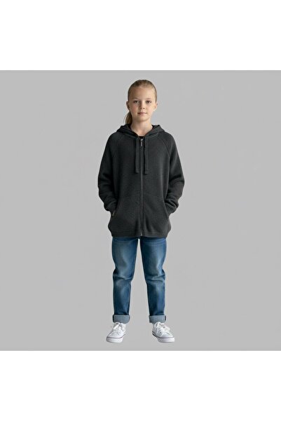 ÖNDER MODA Cardigan tricotat cu glugă cu fermoar negru pentru copii – mânecă ...