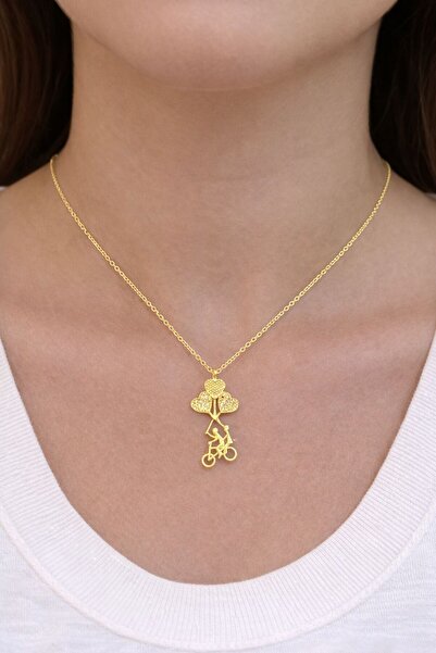 Fashion Necklace Altın Renk Kalpli Balonlar ve Bisiklet Figürlü Zarif Kadın K...