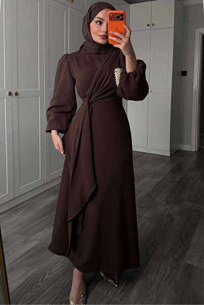 Rimel Moda Bağlamalı Elbise Kahverengi