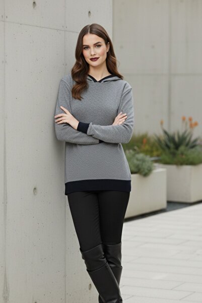 Kübra Tekstil Swea pentru femei, albastru-marin-gri cu glugă confortabil croială basic Swea tricou – Noul sezon pentru femei Swea tricou