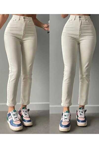 JAXEN NS-33880 Pantaloni de damă bej talie înaltă material elastic Mom Jean