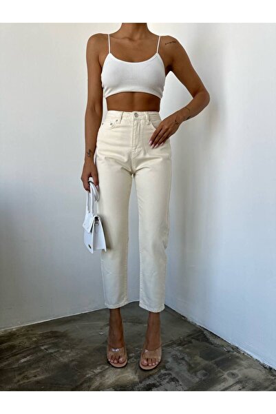 JAXEN Ns-94879 Women's Cream Mom Jeans