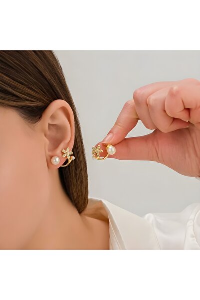 zakkumm Çelik Yonca Küpe, İnci Detay Zirkon Taşlı Altın Kaplama