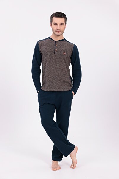 LOHOUSE Men's Brown Jacquard Winter Cotton Long Sleeve Men's Pajama Set