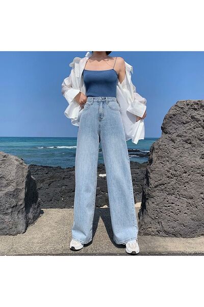 JAXEN Ns-66228 90's Blue Snow Wash Casual Palazzo Wideleg Jean Power Lycra Women's High Waist