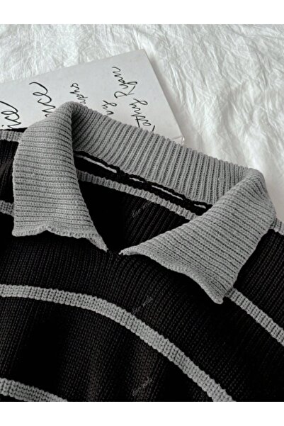 TUMA Gray Black Thessaloniki Knitted Polo Neck Oversized Knitwear Sweater, Women's Sweater Fmoda101