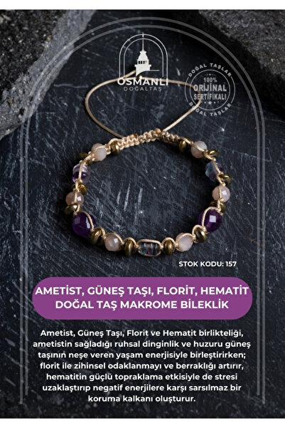 OSMANLI DOĞAL TAŞ Certified Amethyst, Sunstone, Fluorite and Hematite Natural Stone Macrame Bracelet (Sk:157)