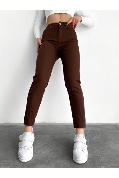 JAXEN NS-44368 Γυναικείο καφέ τζιν Mom ελαστικό ύφασμα Ψηλόμεσο καφέ τζιν παν...