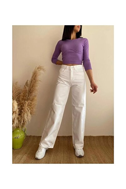 JAXEN Ns-42800 Women's 90's White Wide Leg Straight Palazzo Jean Pants