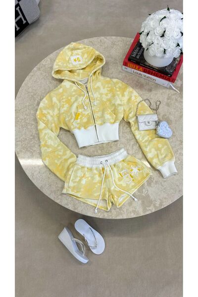 Gofeel Kadın Kamuflaj Desenli Fermuarlı Crop Hoodie & Şort Takım ( 3iplik)