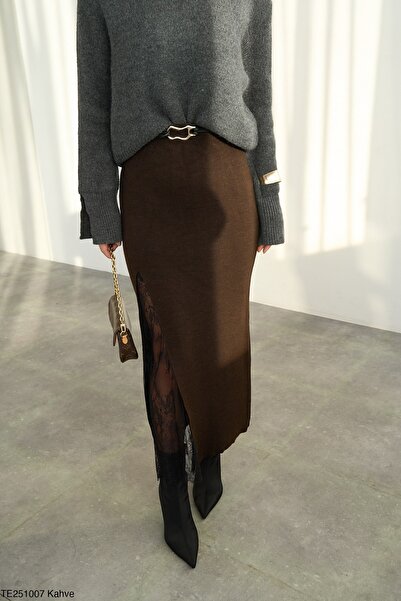 Haticepalas Kadın Transparan Yırtmaçlı Triko Etek