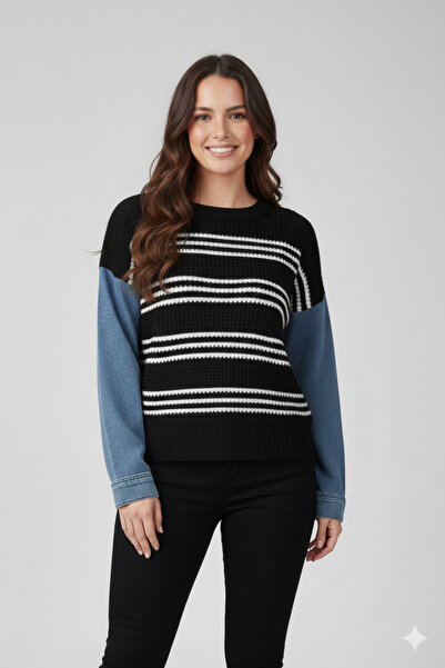 OSY Boutique Women's Sleeve Denim Design Striped Sweater