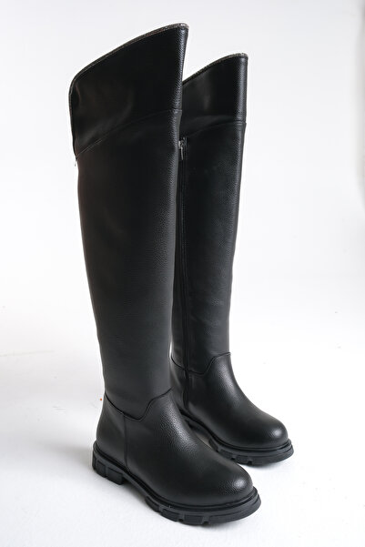 Ayakkabı Delisiyim Kadın Çizme Siyah Deri Binici Diz Üstü Taşlı Kaymaz Taban Fermuarlı Kety