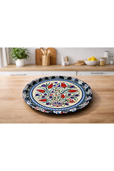 ATAGİFT HEDİYELİK Osmanlı Lale Desen Çini Motifli Yuvarlak Metal Tepsi | Kahve & Sunum Tepsisi 30 Cm