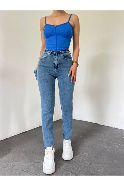 JAXEN Ns-13491 90's Blue Snow Wash Boyfriend Jean Women's Colorfast Mom Shapi...