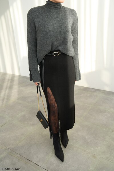 Haticepalas Kadın Transparan Yırtmaçlı Triko Etek