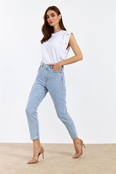 JAXEN بنطلون جينز مومي أزرق نيلي NS-66731 بخصر عالٍ وتفاصيل مميزة على طراز بو...