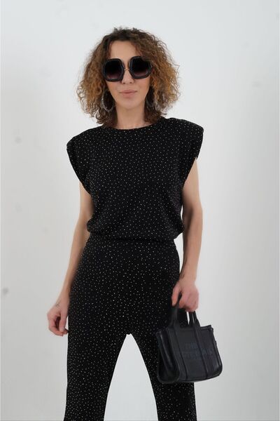 Zelish My Sister Black Droplu Shoulder Pad Pack Zero Sleeve Glitter Blouse