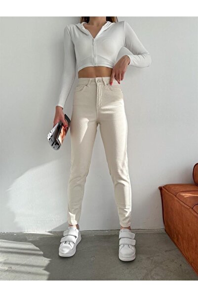 JAXEN NS-20450 Pantaloni de damă din denim drept, crem