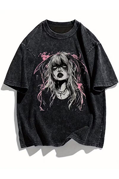 Touz Moda Gothic Girl Printed Washable Vintage Unisex Oversized T-Shirt