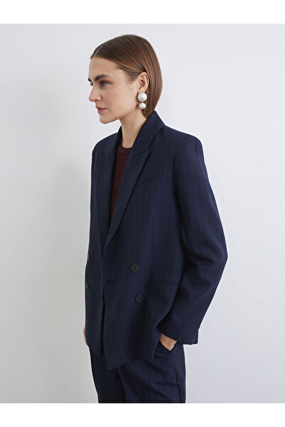 LC Waikiki Navy Blue Double-Breasted Collar Striped Women's Blazer Jacket