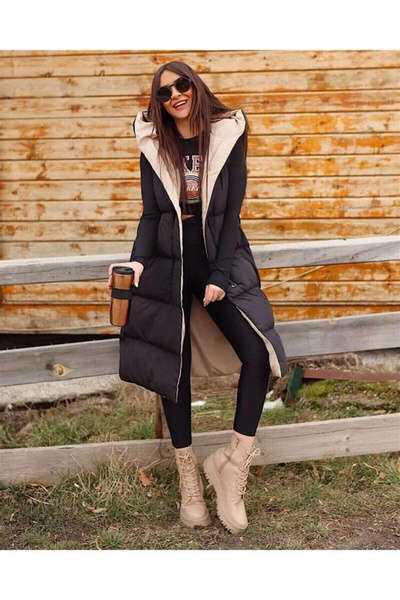 Masyy Moda Morena Siyah Çift Taraflı Kapüşonlu Uzun Şişme