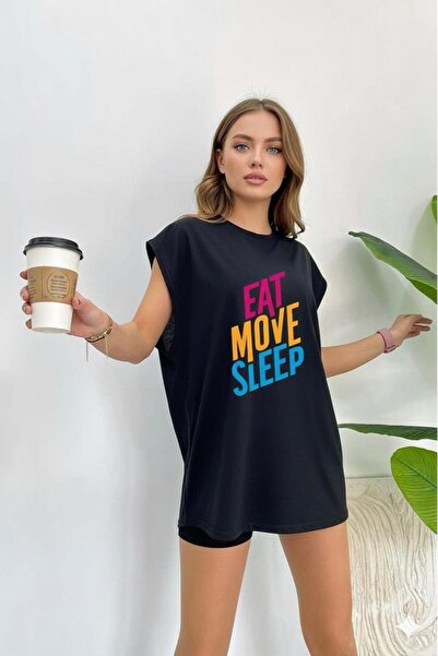 BW Bravely Wear EAT MOVE SLEEP Baskılı Kadın SIFIR KOL Kolsuz Tshirt