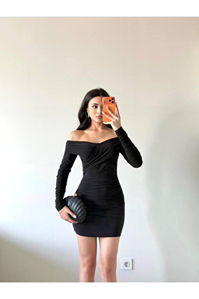 LOCH BUTİK Kadın Siyah Göğüs Çarpraz Büzgülü Mini Elbise