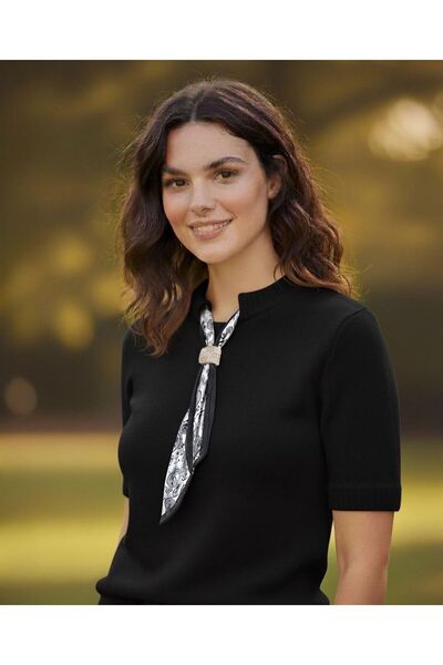 Koçer Triko Scarf Detailed Black Color Short Sleeve Women's Sweater