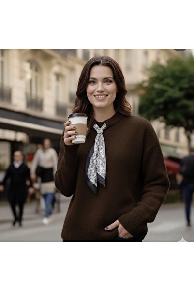 Koçer Triko Scarf Detailed Coffee Colored Long Sleeve Women's Sweater