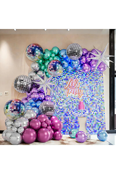 Choice كما هو موضح في الصورة، طقم قوس بالونات معدنية ديسكو مكون من 136 قطعة، زينة بالونات كرة الديسكو، ألوان معدنية ديسكو