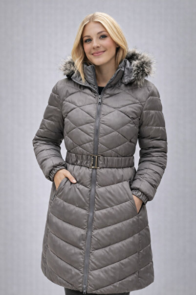 Sibel Günay Butik Women's Anthracite Gray Hooded Belted Fiber Filled Inflatable Coat