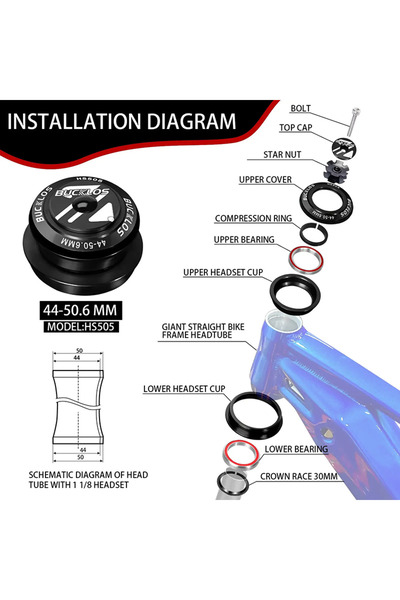 BUCKLOS سماعة رأس دراجة سوداء مقاس 44-50.6 مم، 1-1/8 بوصة، محمل مغلق، مصنوعة ...