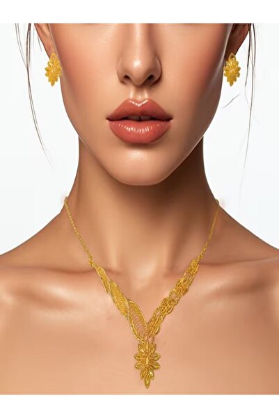 Alyas Aksesuar 24K Altın Kaplama Çiçekli Etnik Kolye ve Küpe Takı Seti