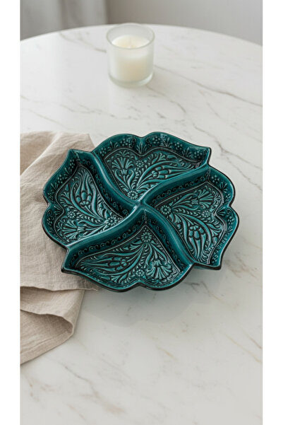 Zera Dizayn El Yapımı Seramik Kabartma Desenli 4 Bölmeli Çerezlik & Kahvaltıl...