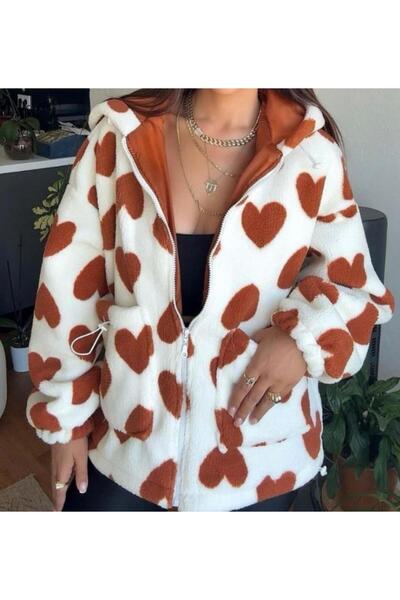 Naz KADIN OVERSİZE PELUŞ KALP DETAYLI MONT