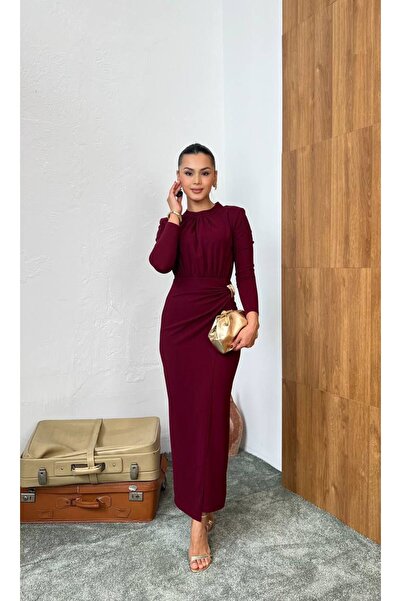 MY GRS YAN BÜZGÜ TOKA DETAYLI UZUN ELBİSE