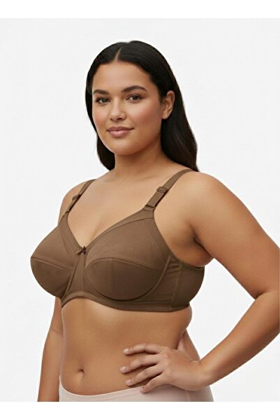 enmodaiçgiyim Brown Plus Size D Cup Wire Free Non-Padded Shaping / Sculpting Minimizer Bra - Self Patterned