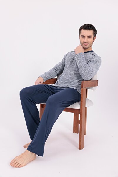 LOHOUSE Men's Blue Patterned Half Placket Cotton Long Sleeve Men's Pajama Set